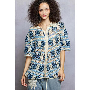 POL Openwork Short Sleeve Crochet Shirt with Border Accents